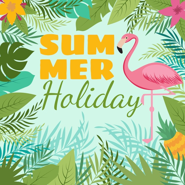 Moderne zomer achtergrond met flamingo en tropische plant decoratie