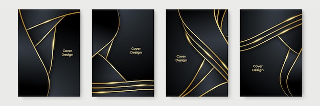 Moderne zwarte gouden omslagontwerpset. luxe creatief lijnenpatroon in premium kleuren: zwart, goud en wit. formele vector voor notebookomslag, zakelijke poster, brochuresjabloon, tijdschriftlay-out