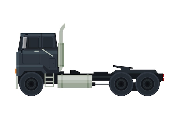 Moderne zwarte vrachtwagen blauwe zware levervoertuig zijbeeld platte vector illustratie op wit