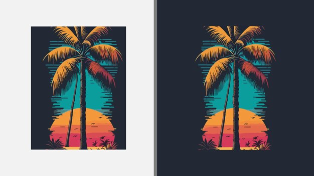 Modernistische platte zonsondergang natuur strand vector t-shirt grafisch ontwerp illustratie