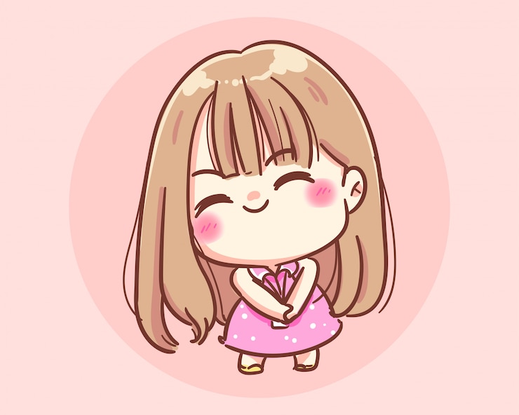 Vector 겸손하게 웃는 소녀 만화 아트 일러스트 프리미엄 벡터