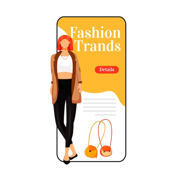 Modetrends cartoon smartphone app scherm. Catwalk model stijl. Nieuwe designeroutfits. Display voor mobiele telefoon met plat karakterontwerp. Designer kleding applicatie telefoon-interface