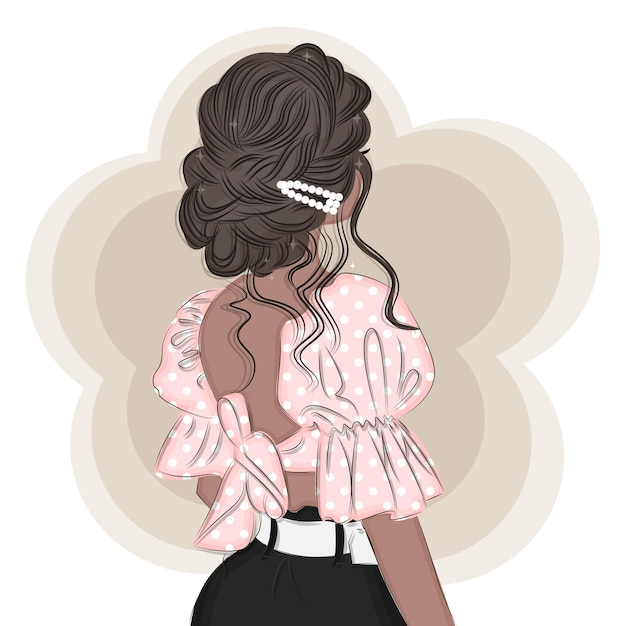 Modieuze brunette in een open rug blouse met haarspelden met een stijlvolle kapsel print mode vectorillustratie