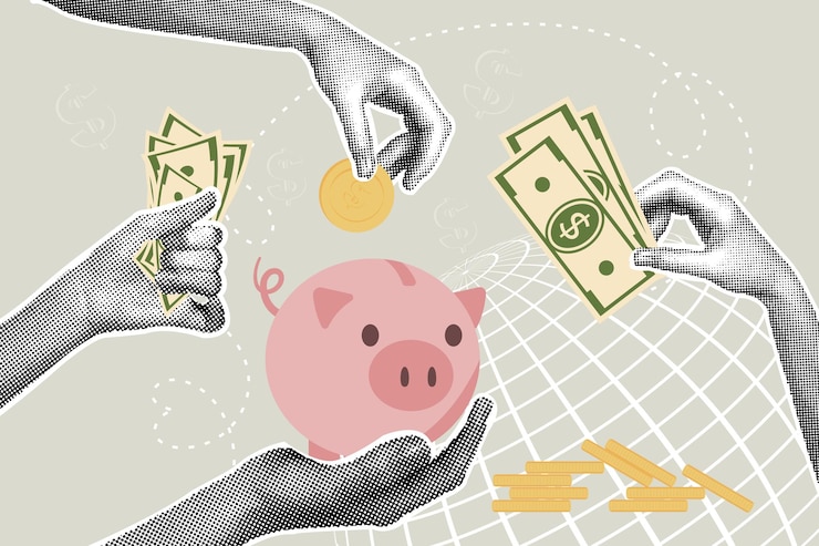 Vector modieuze halftone collage concept van financiën bankieren sparen sparen zakelijke verkoop