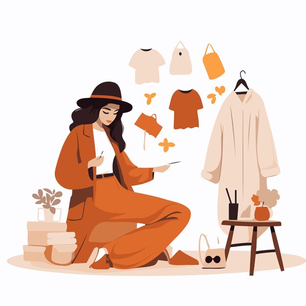 Vector modieuze jonge vrouw in overalls en hoed zit op de vloer kleding te kiezen vector illustratie