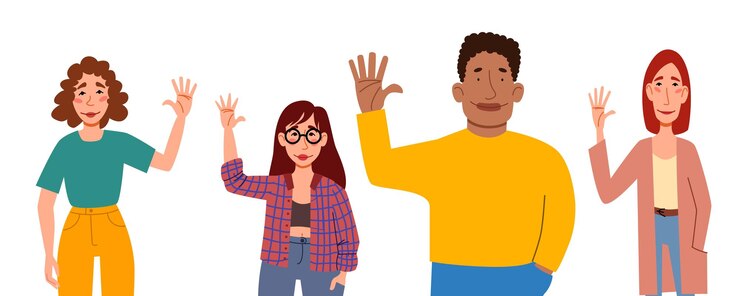 Vector modieuze mannen en vrouwen in vrijetijdskleding zeggen hallo