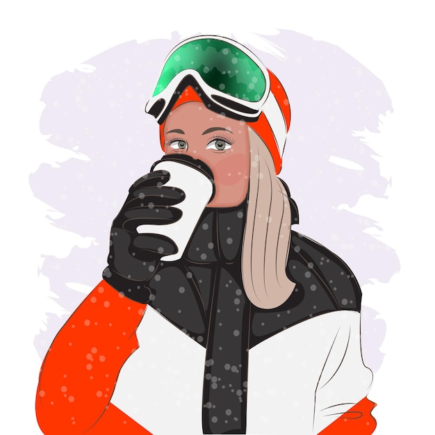 Modieuze vrouw in skibril in een skigebied, mode, vectorillustratie