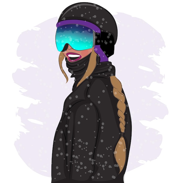 Modieuze vrouw in skibril in een skigebied, mode, vectorillustratie