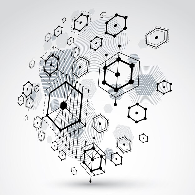 Modular Bauhaus 3d vector background, created from geometric figures like hexagons, circles and lines. For use as advertising poster or banner design. Grayscale abstract mechanical scheme.