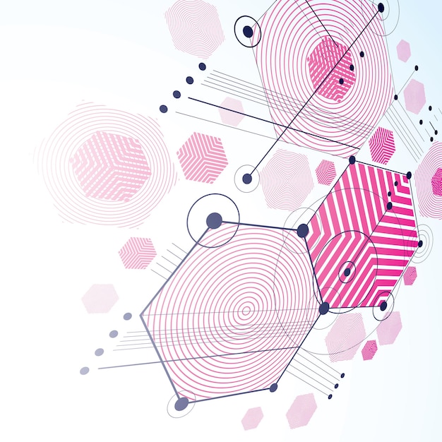 Modular Bauhaus 3d vector magenta background, created from simple geometric figures like hexagons and lines. Best for use as advertising poster or banner design.