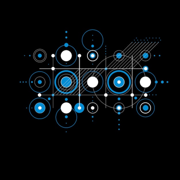 Модульный синий векторный фон Баухауза, созданный из простых геометрических фигур, таких как круги и линии. Лучше всего подходит для использования в качестве рекламного плаката или баннера.