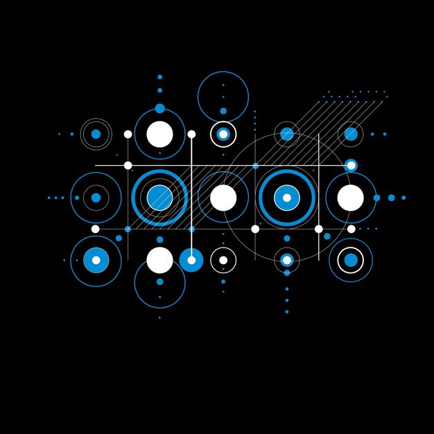 円や線のような単純な幾何学的図形から作成されたモジュラーバウハウスの青いベクトルの背景。広告ポスターやバナーデザインとしての使用に最適です。