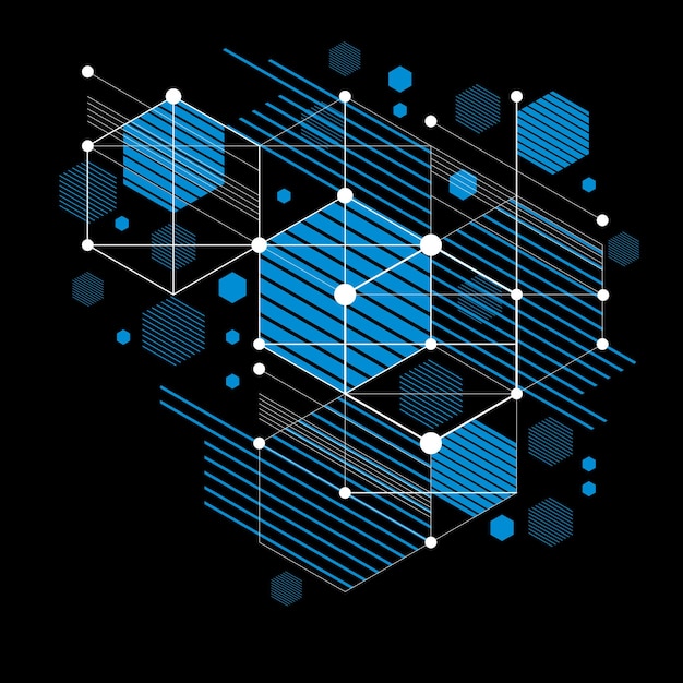 六角形、円、線などの単純な幾何学的図形から作成されたモジュラーバウハウスベクトル背景。広告ポスターやバナーデザインとしての使用に最適です。抽象的な機械的スキーム。