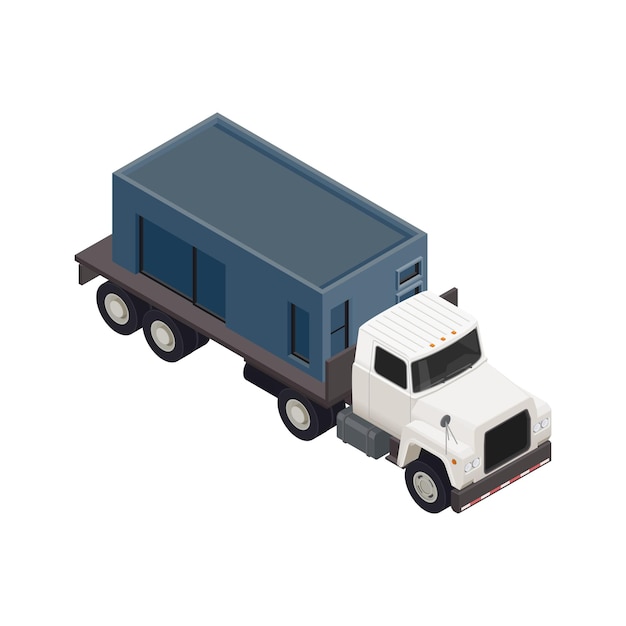 Vector modular frame building isometric composition with isolated image of truck moving section of house