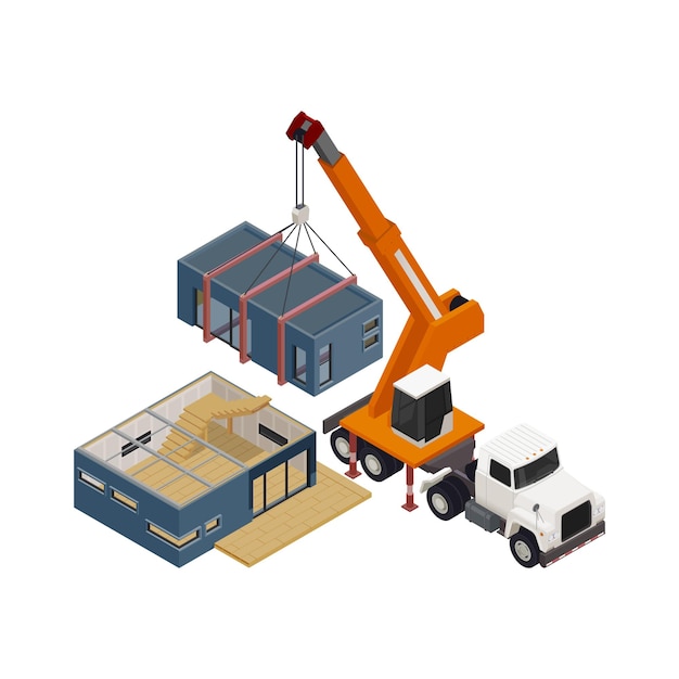 Modular frame building isometric composition with truck crane moving house section