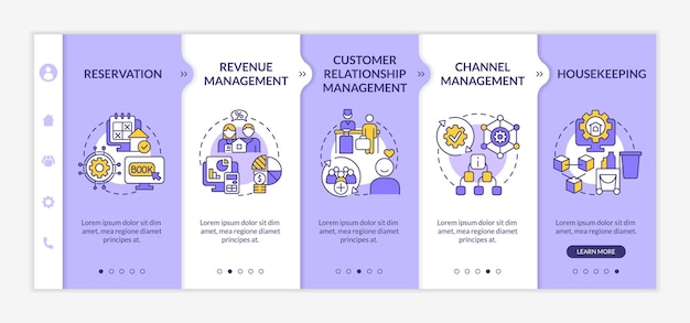 Moduli di gestione della proprietà modello di onboarding viola e bianco sito web mobile reattivo con icone concettuali lineari procedura dettagliata della pagina web schermate a 5 passaggi latobold caratteri standard utilizzati
