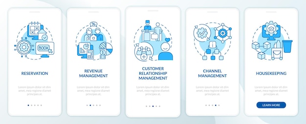 Modules van vastgoedbeheer blauw onboarding mobiel app-scherm. Gegevensoverzicht 5 stappen grafische instructiepagina's met lineaire concepten. UI, UX, GUI-sjabloon. Myriad Pro-Bold, reguliere lettertypen gebruikt