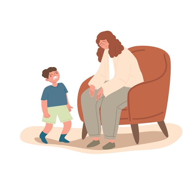 Moe moeder zit op de fauteuil een uitgeputte vrouw ouderlijke verantwoordelijkheden kind vereist aandacht het concept van de moeilijkheden van het moederschap platte vectorillustratie