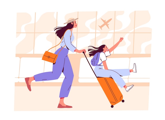 Moeder berijdt haar dochter op koffer op het vliegveld