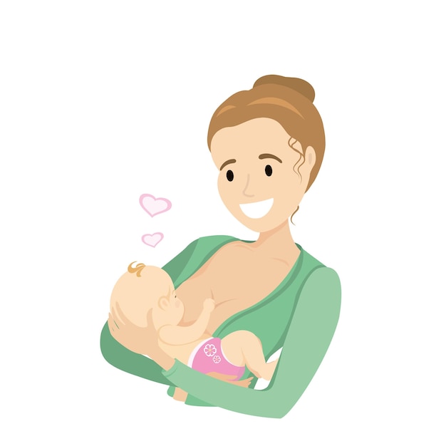 Moeder borstvoeding haar schattige baby geïsoleerd op witte achtergrond cartoon vector illustratie