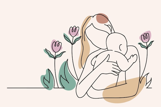 Moeder die haar baby in haar armen houdt Vector illustratie in lineaire stijl