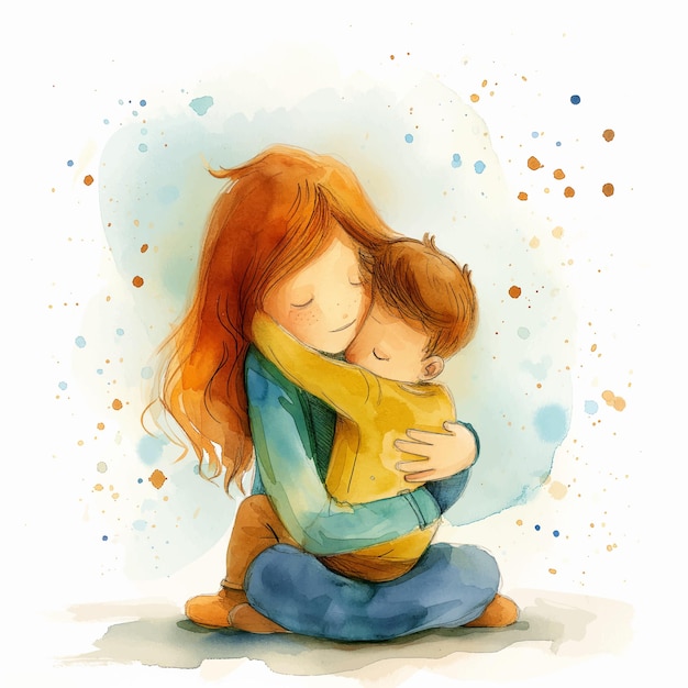 moeder die haar zoon knuffelt aquarel
