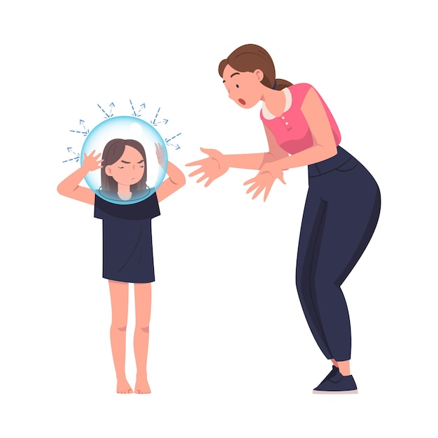 Moeder die met haar dochter praat met een glazen gloeilamp op het hoofd als problematische communicatie en misverstanden tussen ouder en kind Vector illustratie