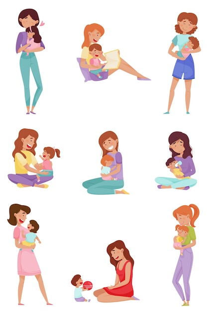 Vector moeder die tijd doorbrengt met haar baby, het kind koestert en voedt vector illustratieset