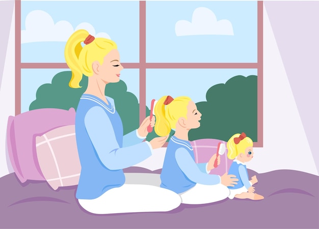 Moeder dochter en pop borstelen haar Happy family time