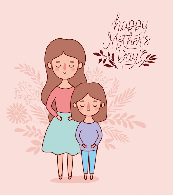 Moeder en dochter cartoon met bladeren