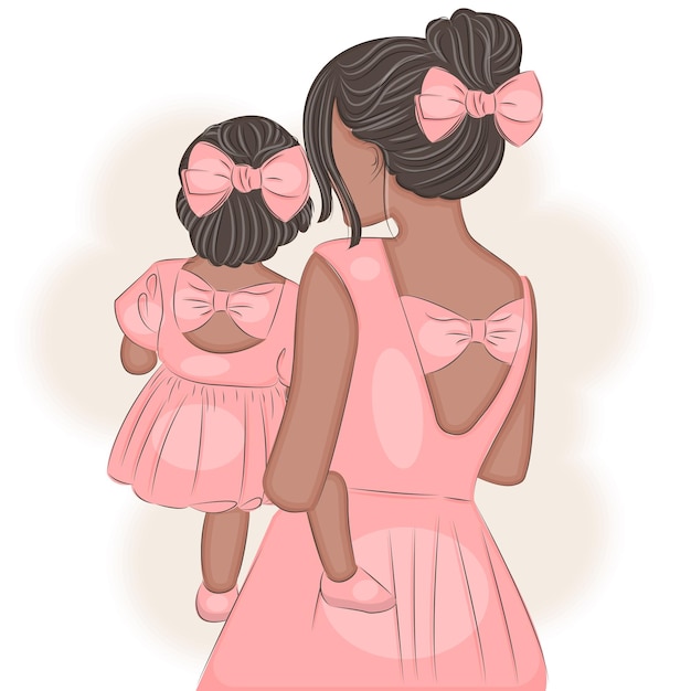 Moeder en dochter in armen in een mooie jurk met haar vectorillustratie print