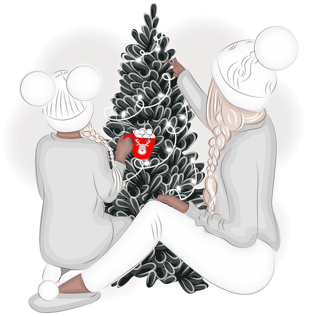 Moeder en dochter kerstmis in de buurt van de kerstboom mode vectorillustratie