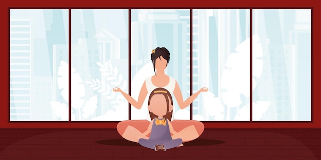 Moeder en dochter mediteren samen Ontwerp in cartoonstijl Vector