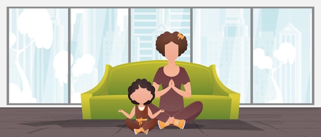 Moeder en dochtertje doen samen yoga in de lotuspositie Design in cartoon stijl Vector illustratie