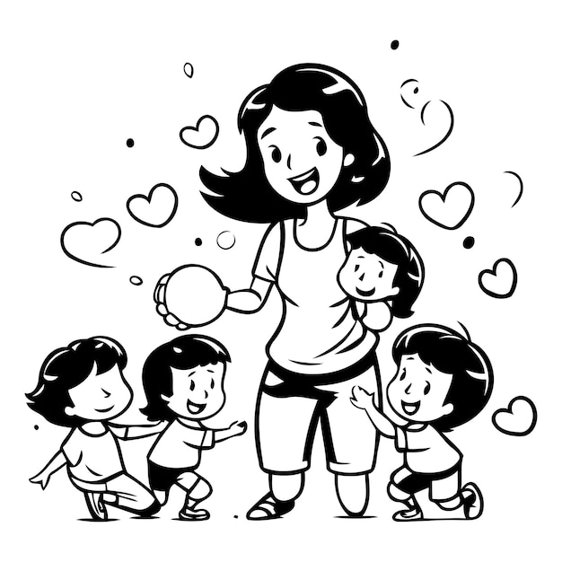 Moeder en haar kinderen spelen met harten Vector illustratie in cartoon stijl