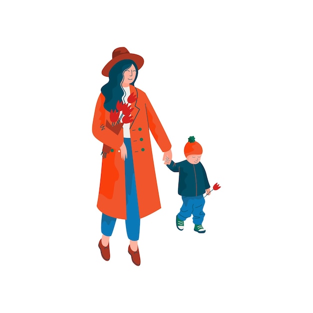 Moeder en haar kleine zoon lopen hand in hand Mooie vrouw gekleed in rode jas en hoed met boeket voorjaarsbloemen Vectorillustratie op witte achtergrond
