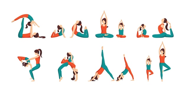 Vector moeder en kind doen eenvoudige yoga asana's