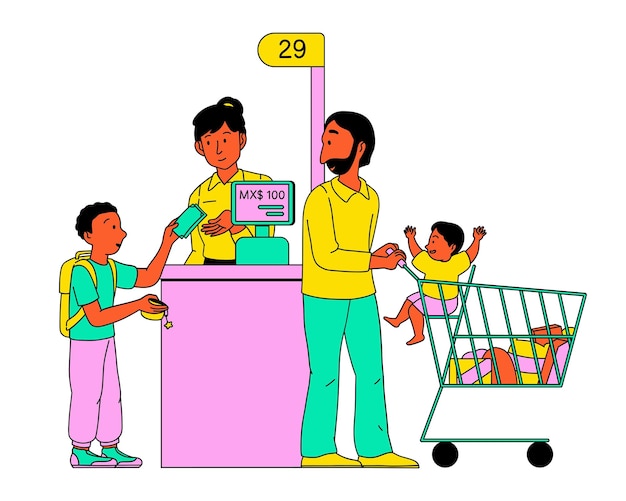 Moeder en kinderen winkelen bij de kassa Vector illustratie op witte achtergrond