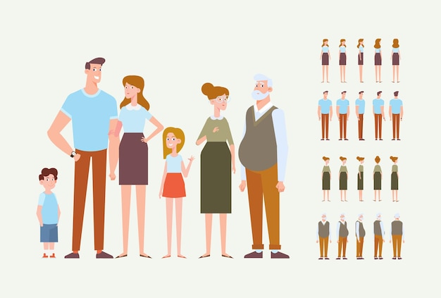 Moeder en vader met de familie van de grootouders van het kind voor animatie voorzijde achteraanzicht vector