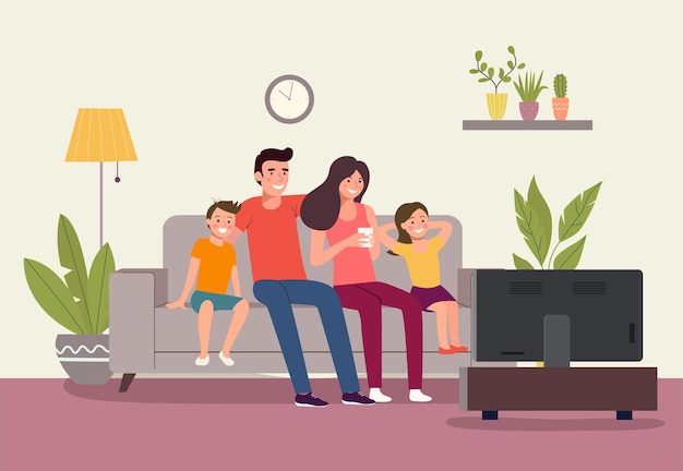 Moeder en vader met kinderen die op de bank zitten en tv kijken vectorillustratie in vlakke stijl