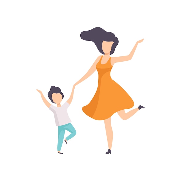 Moeder en zoon dansen hand in hand kind plezier met haar moeder vector illustratie geïsoleerd op een witte achtergrond