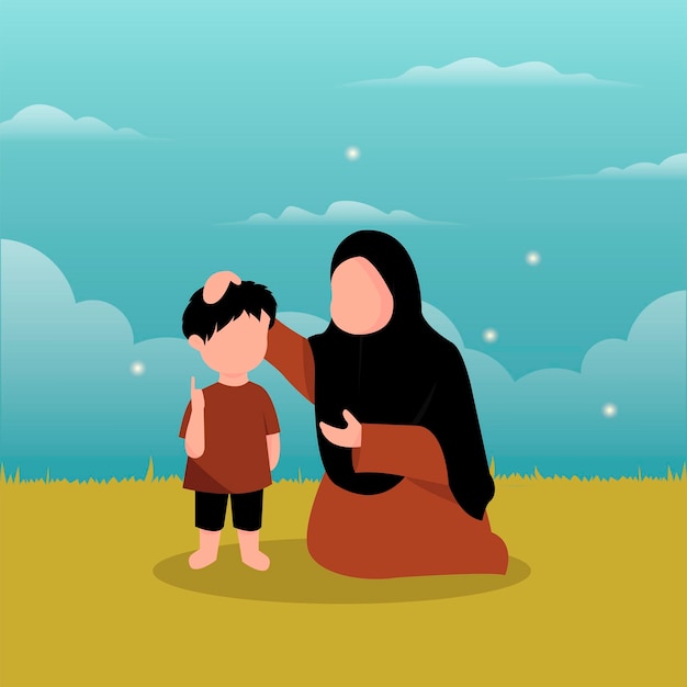 Vector moeder en zoon islamitische opvoedingsillustratie