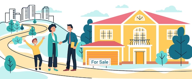 Moeder en zoon kopen of huren nieuw landhuis of huisje makelaar man tekent een contract om het huis te verkopen verhuizen naar een nieuw huis vectorillustratie