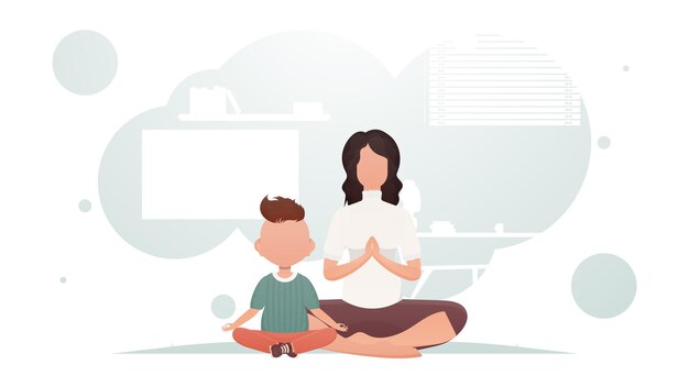 Moeder en zoon zitten in de kamer te mediteren in de lotuspositie Yoga Cartoon-stijl