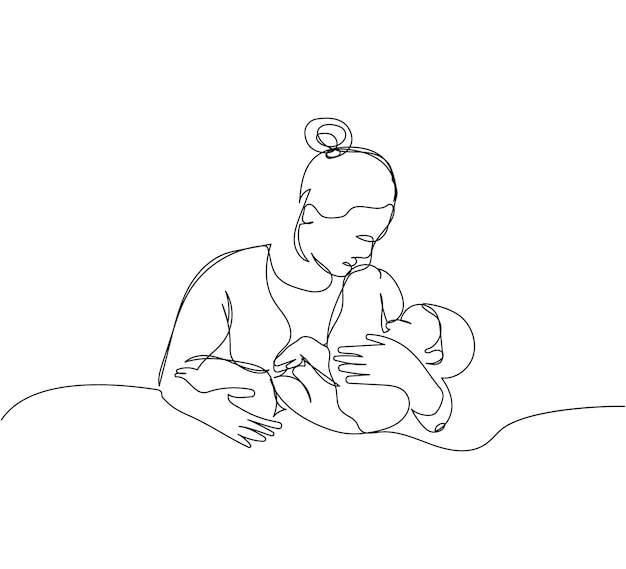 Moeder houdt een kind in haar armen één lijnwerk Doorlopende lijntekening pasgeboren moederschap familieliefde
