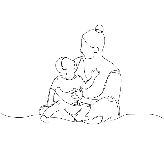 Moeder houdt een kind in haar armen en speelt met hem één lijntekening Doorlopende lijntekening van het moederschap