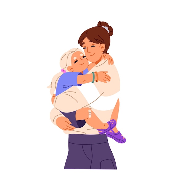 Moeder houdt haar kleine dochter lief, houdt haar in haar handen, vrolijke moeder en kind knuffelen, ouder en kind verheugen zich in een knuffel, gelukkig gezin brengt tijd samen, platte geïsoleerde vectorillustratie op witte achtergrond