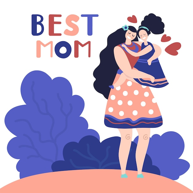 Moeder knuffelen dochter Moeder met kind dankbaar ouder viering kaart Gelukkige vrouw spelen met schattige babymeisje liefde vector concept