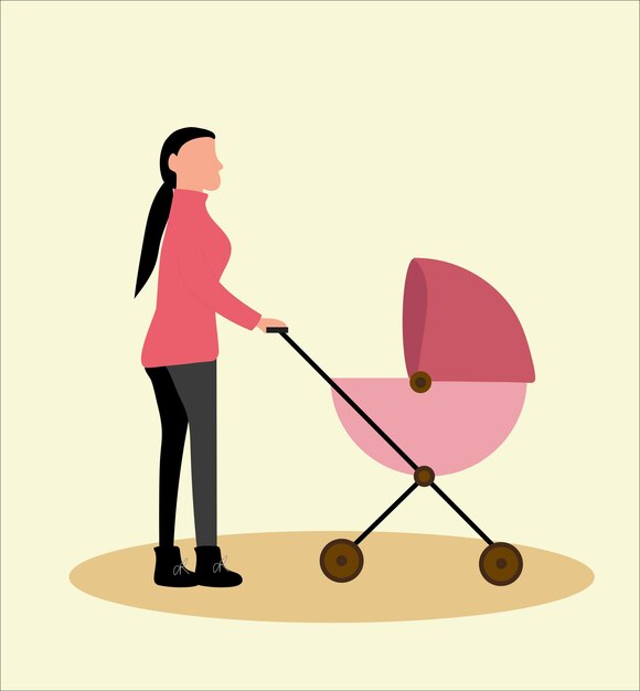 Moeder loopt met haar pasgeboren baby in een roze kinderwagen op een lichtgele achtergrond