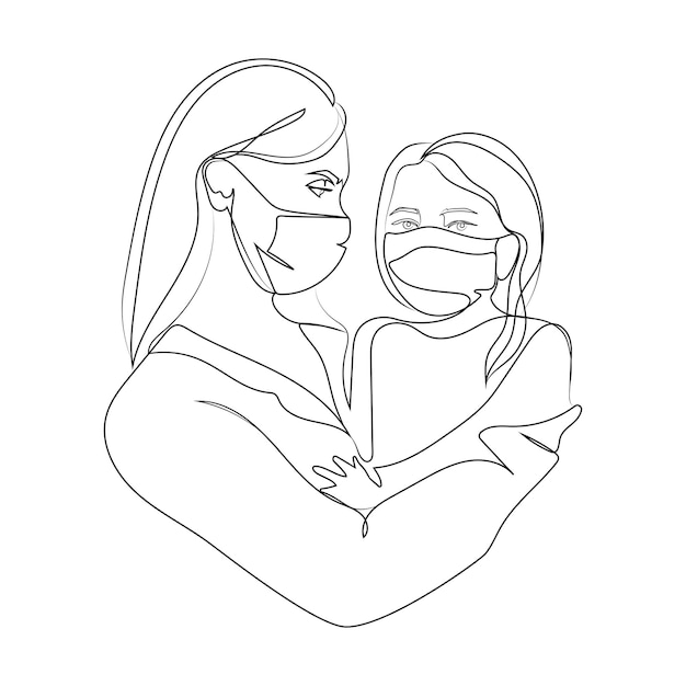 Moeder met dochter in haar armen met medische beschermende gezichtsmaskers, lijntekening.vector